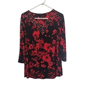Silver Studded V Neck Red And Black Floral Print Blouse Womens Size Medium